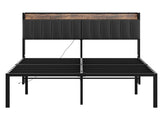 Queen Bed Frame with Charging Station and Storage Headboard, 18 Inch High Metal Platform Bed with PU W1820P532212