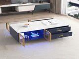 Modern Navy Blue Coffee Table with 2 Glass Door Storage, 4 Drawers, Gold Metal Legs, and Multi-Color N735P167910