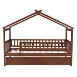 Twin Size Wooden House Bed with Twin Size Trundle, Walnut WF302178AAL