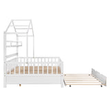 Wooden Full Size House Bed with Twin Size Trundle,Kids Bed with Shelf, White WF301683AAK