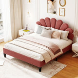 Queen Size Upholstered Platform Bed with Flower Pattern Velvet Headboard, Bean Paste Red WF305291AAH