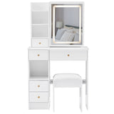 Small Size Left Drawer Desktop Vanity Table Cushioned Stool, Touch Control Sliding LED Mirror, W936P202317