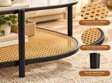 Oval 2-Tier Coffee Table, 37.8" x 19.7" x 18.1", Fluted Glass & PE Rattan 78161674