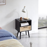 15.75" Rattan End table with drawer and solid wood legs, Modern nightstand, side table for living W126573107