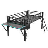 Gaming mid loft bed with desk, LED, Twin, Black 90531759