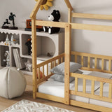 Twin Size House Floor Wooden Bed with Roof Frame,Safety Guardrails,Natural W504P286404