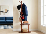 Freestanding Wooden Coat Rack with 8 Staggered Hooks & 2 Storage Shelves, Rubber Wood Hall Tree 96110880