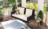 GO 2-Person Wicker Hanging Porch Swing with Chains, Cushion, Pillow, Rattan Swing Bench for Garden, WF285005AAD