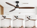 60 Inch Ceiling Fan With Lights 3 Solid Wood Fan Blade Noiseless Reversible Motor Remote Control W882P212625