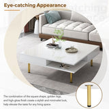 ON-TREND Exquisite High Gloss Coffee Table with 4 Golden Legs and 2 Small Drawers, 2-Tier Square WF315490AAK