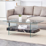 43.3 Inch Modern Two-Tier Coffee Table - An Elegant Combination of Clear Glass and Black Marble W2920P226071