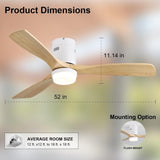 52 Inch Wooden Ceiling Fan With 18W Led Light 3 Solid Wood Blades Remote Control Reversible DC Motor W882P293457