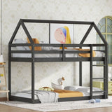 Twin over Twin Rubber Wood Floor Bunk Bed, with ladder,Guardrails,House-Shaped-Bunk Bed, Black W504P206865