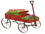 Garden Plant Planter Wooden Wagon Planter W/ Wheel Garden Yard Red 78294767
