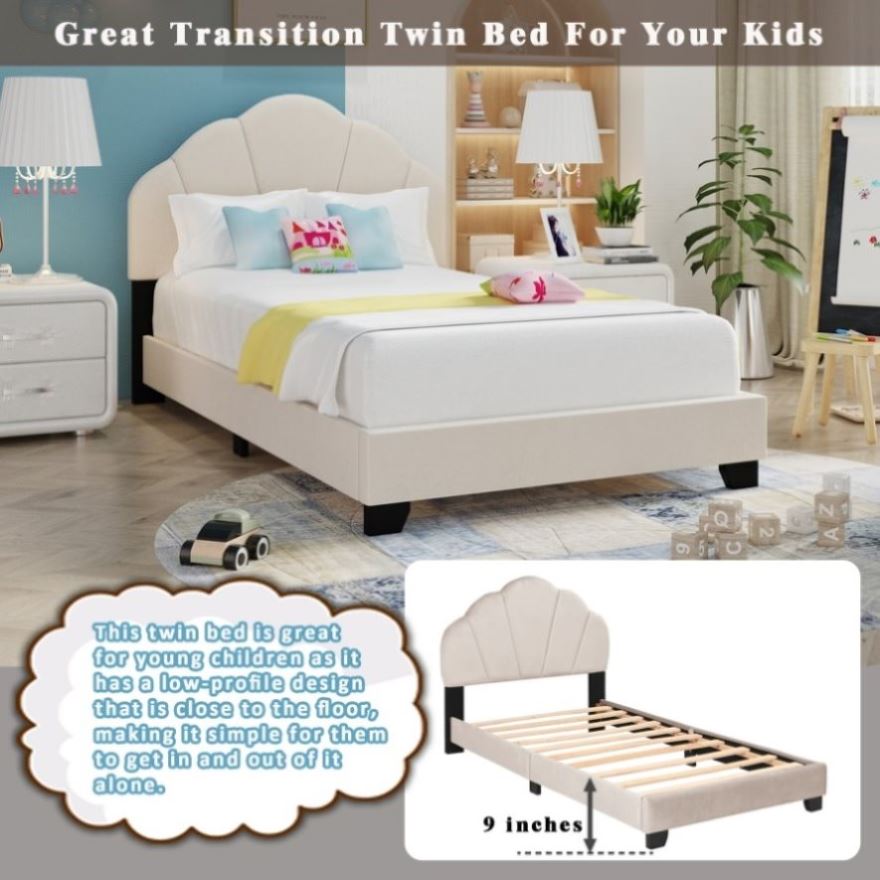 ZNTS Upholstered Twin Size Platform Bed for Kids, with Slatted Bed Base, No  Box Spring Needed, Beige W1998124488