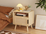 22.83'' H Rattan Nightstand, Side Table with Door Open Shelf, Accent Bedside End Table with Solid 77438934
