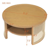 2-Tiered Round Natural Wood Coffee Table with Storage Rattan Base in 31.3'' N735P185131N