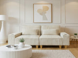 Beige Deep Seat Corduroy Loveseat with Brushed Stainless Steel Cup Holders and 2 Decorative Pillows, 51642049