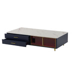 Modern Navy Blue Coffee Table with 2 Glass Door Storage, 4 Drawers, Gold Metal Legs, and Multi-Color N735P167910