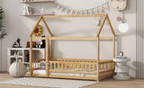 Twin Size House Floor Wooden Bed with Roof Frame,Safety Guardrails,Natural W504P286404