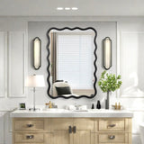 Solid Wood Wavy Rectangle Mirror-Black 40" x 28" Modern Mirror Wall Decor for Bathroom, Bedroom, W1445P189614