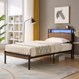 Twin Size Metal Platform Bed Frame with Wooden Headboard and Footboard with USB LINER, LED Lights W311134485