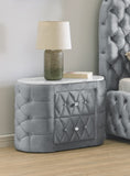 1pc Oval Faux Marble Top Nightstand 2- Drawers Storage Gray Finish Button Tufted Faux Crystal Tufted B011P266091