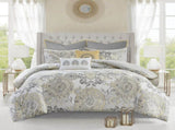 8 Piece Cotton Floral Printed Reversible Comforter Set Yellow Queen B03597283