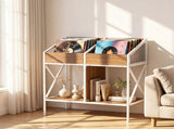 2-Tier Vinyl Record Storage Rack, Industrial Wood & Metal Record Display Stand with Anti-Tipping 32470131