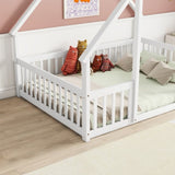 Full Wood House-Shaped Floor Bed with Fence, Guardrails,White W504P143294