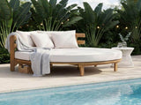 Outdoor Acacia Wood Round Daybed, Patio Lounger with Curved Slatted Backrest, Cushion and 4 N717P453341A