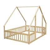 ZNTS Full Wood House-Shaped Floor Bed with Fence, Guardrails,Natural W504P143295