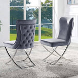 ZNTS Glam Gray Velvet 2pcs Side Chairs Button-Tufted Chrome Frame Upholstered Dining Chairs Furniture Set B011P208972