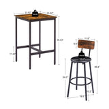 Bar Table Set with 2 Bar stools PU Soft seat with backrest, Rustic Brown, 23.62'' W x 23.62'' D x W1162104643