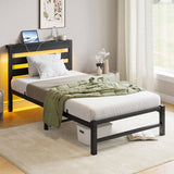 Twin Size Bed Frame Heavy Duty Platform Bed Frame with Headboard, USB Charging Station, LED Bed, No W840P209905