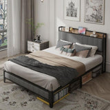 ZNTS Queen Size Bed Frame with Charging Station, Upholstered Headboard, Metal Platform, Grey W1960131346