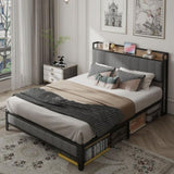 Queen Size Bed Frame with Charging Station, Upholstered Headboard, Metal Platform, Grey W1960131346