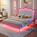 Full Size Upholstered Bed Frame with LED Lights, Modern Upholstered Princess Bed with Crown W2770P190360