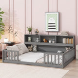 ZNTS Full Floor Bed with Side Bookcase,Shelves,Guardrails,Grey W504142774