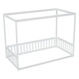 ZNTS Twin Size Canopy Frame Floor Bed with Fence, Guardrails,White W504P143278