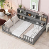 ZNTS Full Floor Bed with Side Bookcase,Shelves,Guardrails,Grey W504142774