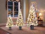 3Piece Flocked PreLit Christmas Tree Set, 3FT 4FT 5FT Potted Artificial Tree with Warm White LED 3 N710P513662K