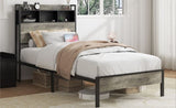 Full size bed frame, wooden platform bed frame, with storage and 2 USBs, no noise, no need for box W636P315847