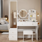 Full Body Mirror Cabinet Round Mirror LED Vanity Table Cushioned Stool, With 2 AC 2 USB Power W936P160027