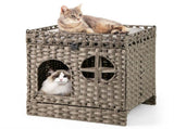 2-Tier Wicker Cat Condo with Litter Mat - Hidden Litter Box Enclosure, Detachable Washable Cushion, 98775677