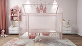 Twin Size Metal Bed House Bed Frame with Fence, for Kids, Teens, Girls, Boys, Pink MF304315AAH