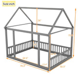 Full Size Floor Wooden Bed with House Roof Frame and Safety Guardrails ,Gray W1580P172925