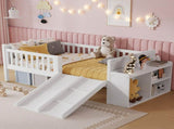 Twin Size Low Loft Bed for Kids with Slide, Movable Bookshelf Storage, Guardrails, Low Loft Bed W2593P437109