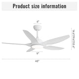 ZNTS 48 Inch Ceiling Fan with Dimmable LED Light and Remote Control, 5 ABS Blades DC Motor White W934P211116