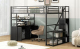 Full Size Metal Loft Bed with Storage Staircase and Wardrobe,Shelves and Lockers,Black 20859887